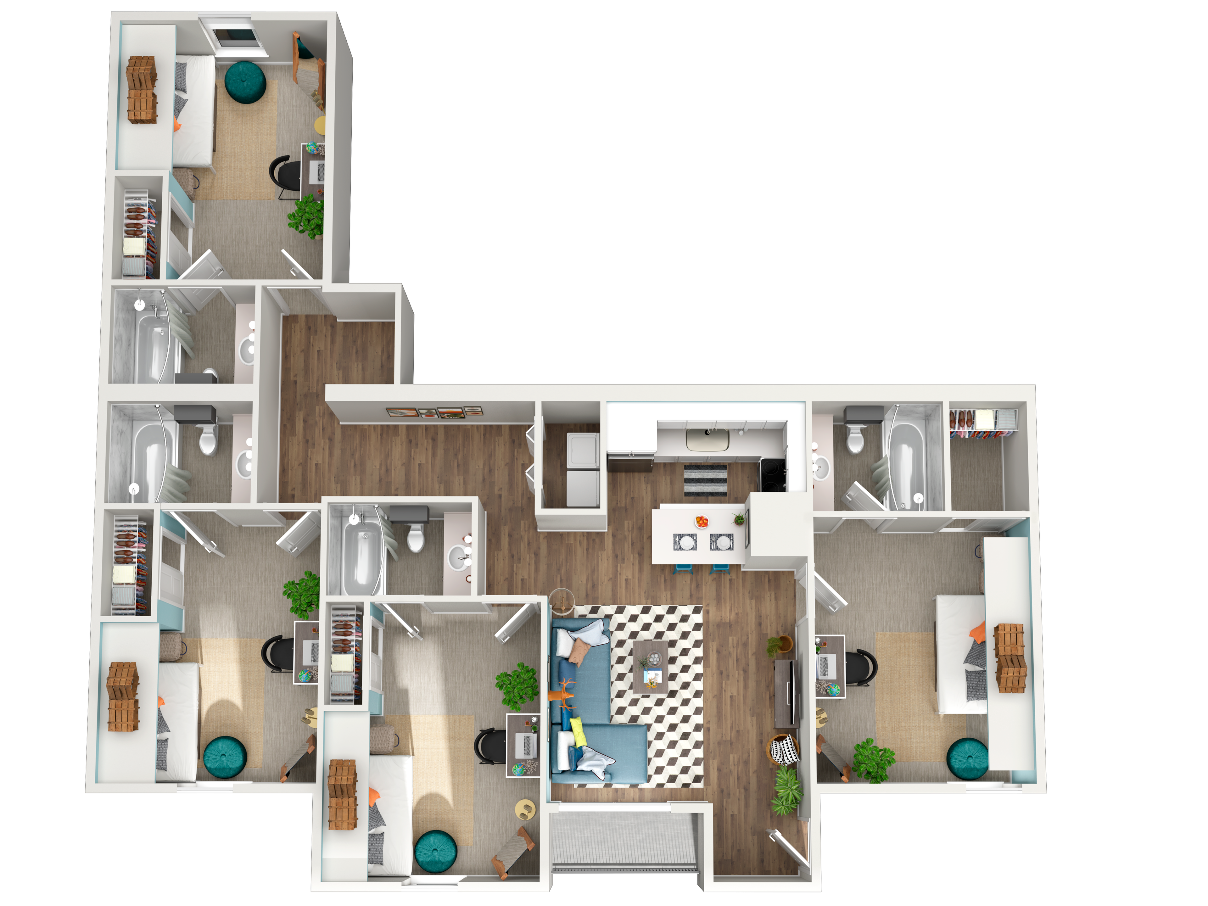 A 3D image of the 4BR/4BA floorplan, a  squarefoot, 4 bed / 4 bath unit