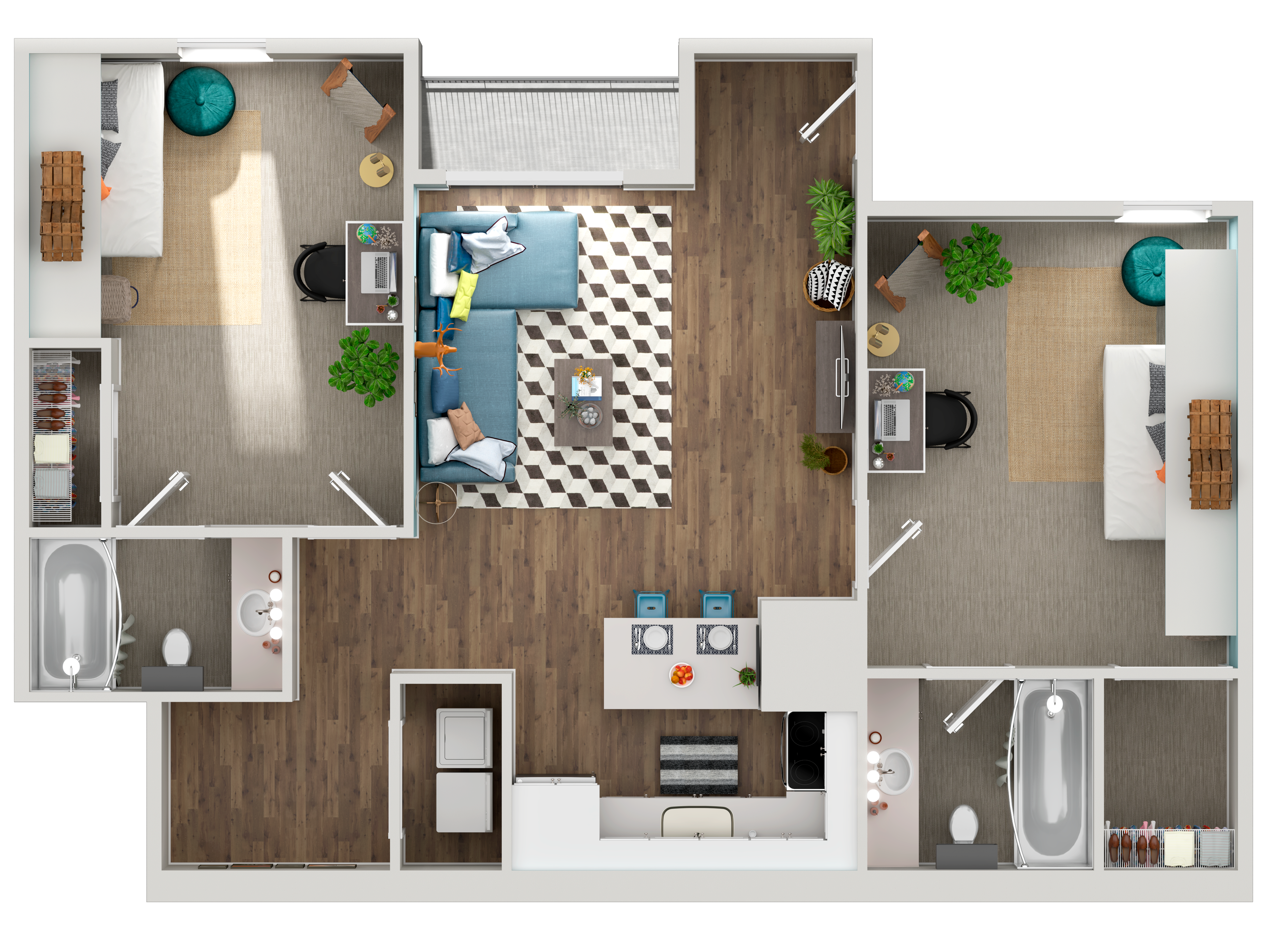 A 3D image of the 2BR/2BA floorplan, a 930 squarefoot, 2 bed / 2 bath unit