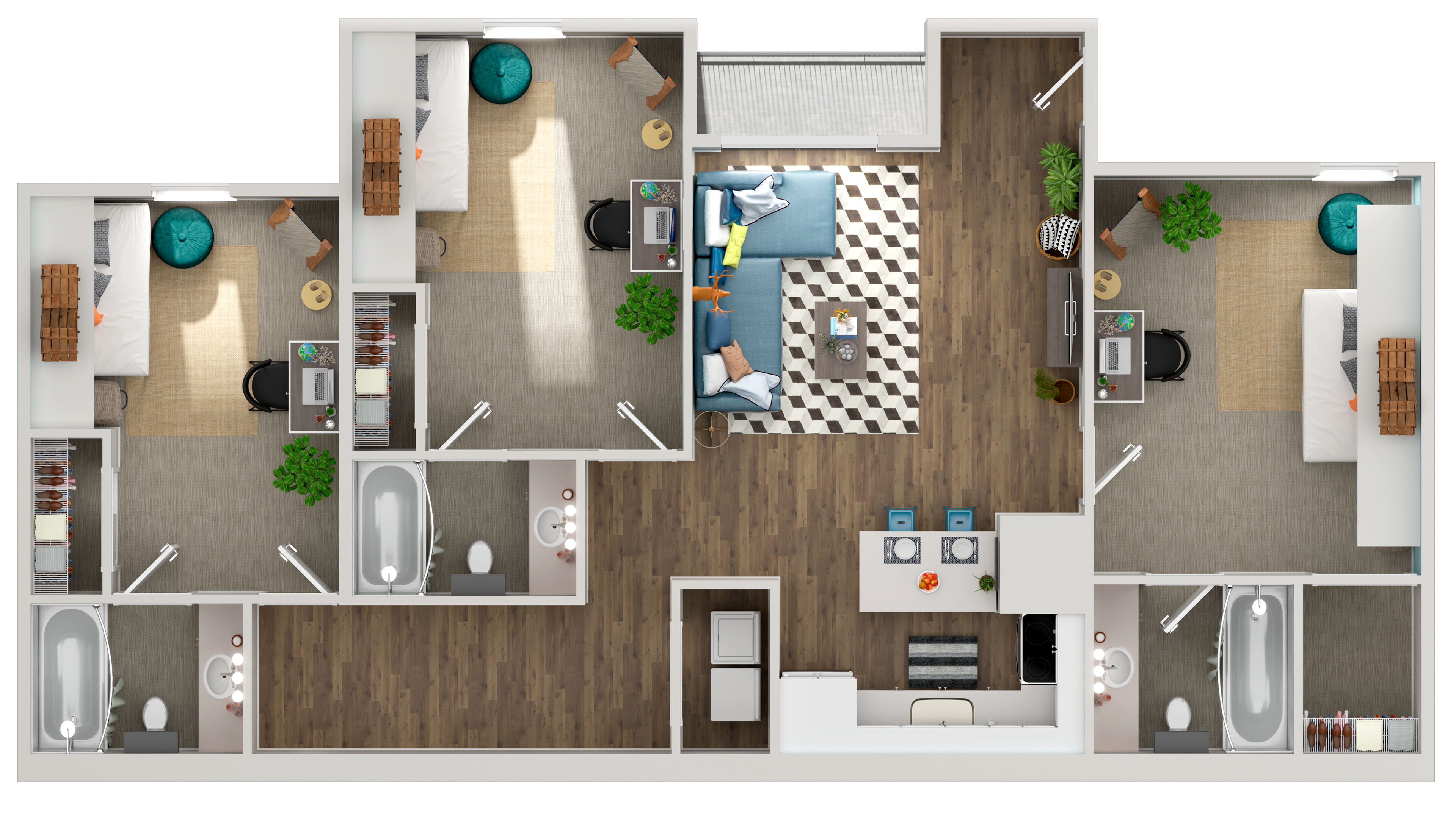 A 3D image of the 3BR/3BA floorplan, a 1164 squarefoot, 3 bed / 3 bath unit