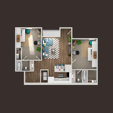 A 3D image of the 2BR/2BA – Reno floorplan, a 930 squarefoot, 2 bed / 2 bath unit