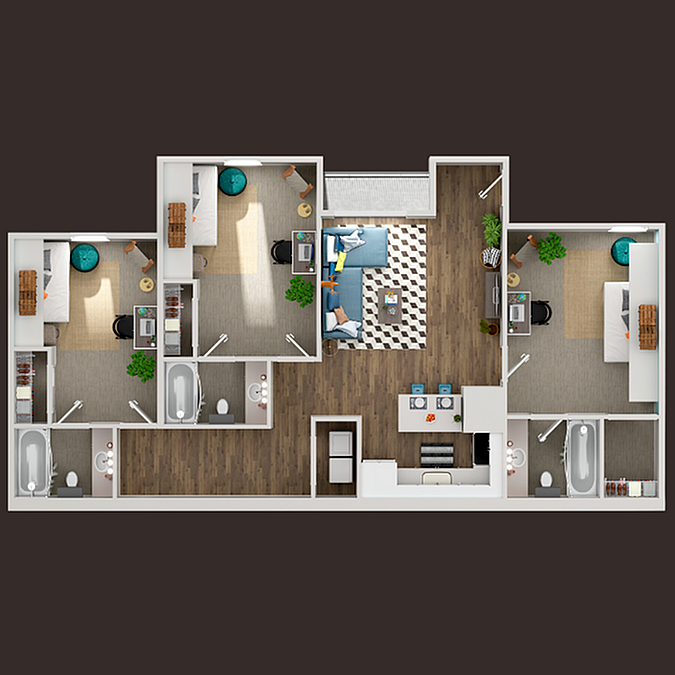 A 3D image of the 3BR/3BA floorplan, a 1164 squarefoot, 3 bed / 3 bath unit