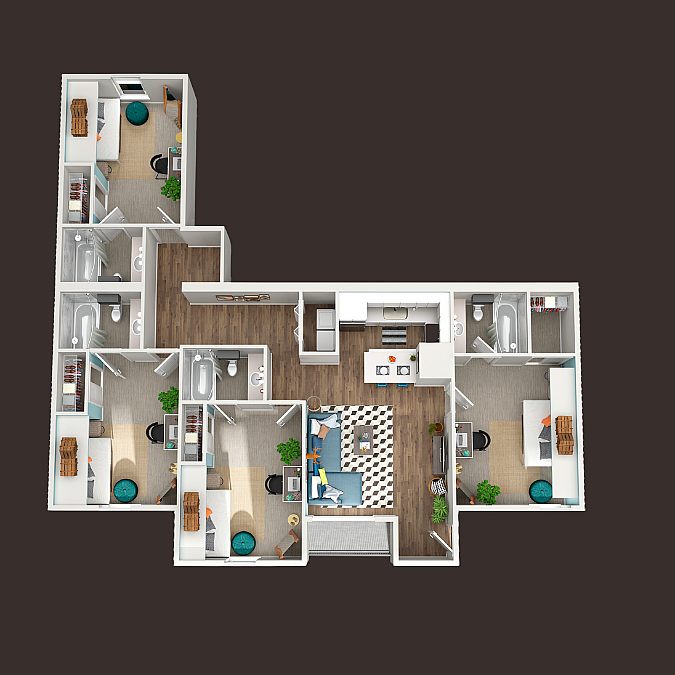 A 3D image of the 4BR/4BA floorplan, a  squarefoot, 4 bed / 4 bath unit